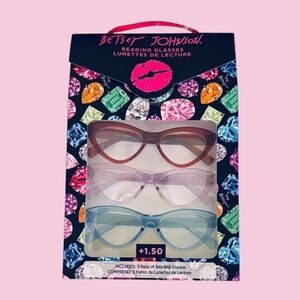 🩷👓BETSEY JOHNSON 3 Pack Cat Eye Readers Translucent, +1.50 Strength Retro Chic